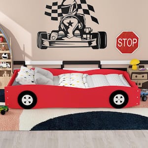 Red Wood Frame Twin Size Car-Shaped Platform Bed