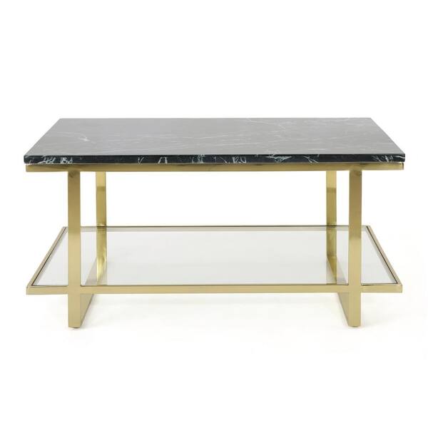 Noble House Mytch 36 in. Marble/Gold Medium Rectangle Marble Coffee Table with Steel Frame