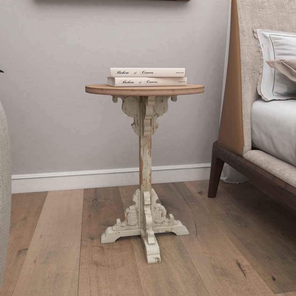 White and Beige Carved Wood Round Accent Table