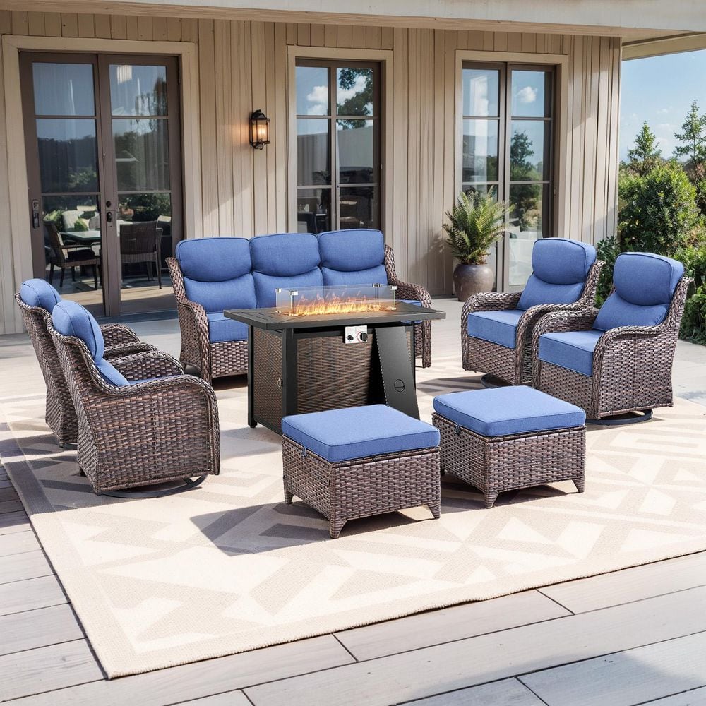 MoonLuxe Brown Wicker Fire Pit Conversation Set with Blue Olefin 6 In. Thick Cushions Patio Swivel Chairs (8-Piece) price history on PriceWatchPro