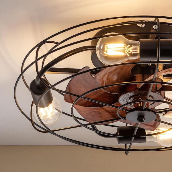 20 in. 4-Light indoor Wood Grain Farmhouse Caged Low Profile Ceiling Fan Flush Mount Remote Control with Bulbs Included