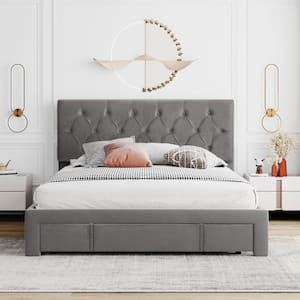 Queen Size 60 in. Gray Velvet Upholstered Platform Bed with A Large Drawer, Queen Wood Adult Bed Frame with Solid Slats