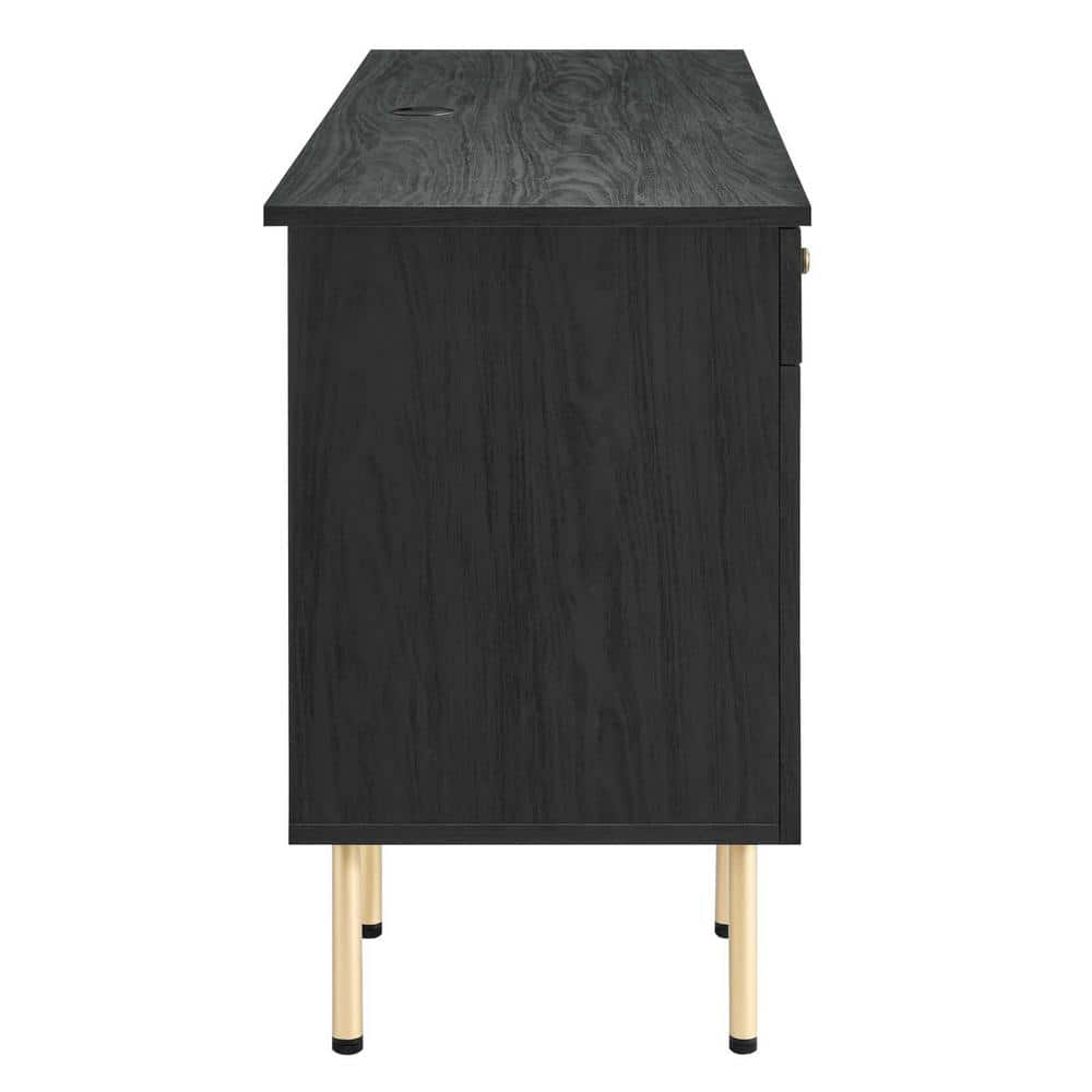 Executive Black Wood Desk with Rattan Weave Drawers and Keyboard Tray