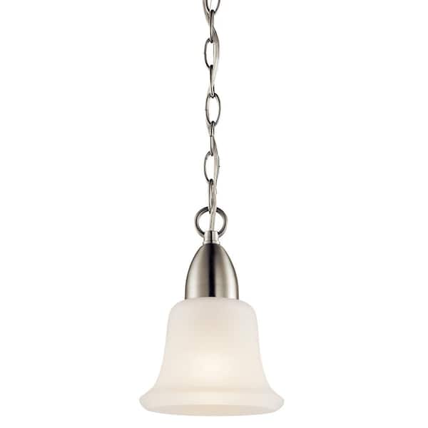 KICHLER Nicholson 1-Light Brushed Nickel Transitional Shaded Kitchen Mini Pendant Hanging Light with Satin Etched Glass