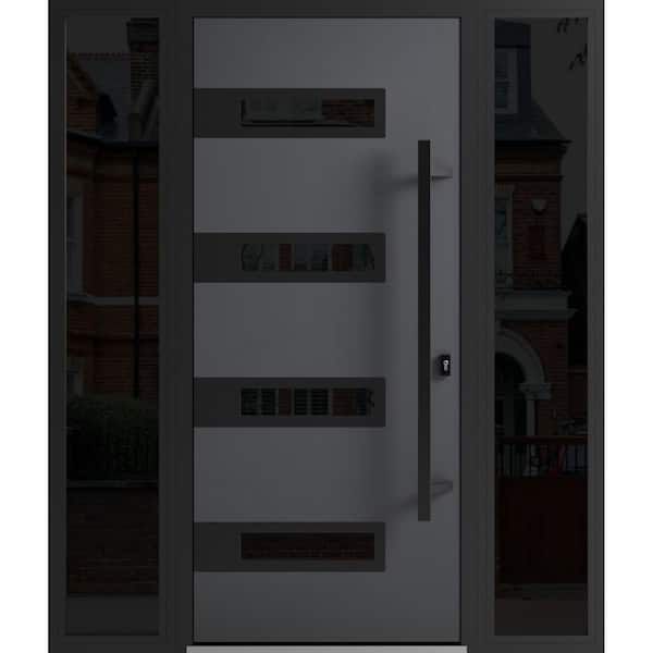 VDOMDOORS 0131 64 in. x 80 in. Left-hand/Inswing 2 Sidelights Tinted Glass Grey Steel Prehung Front Door with Hardware
