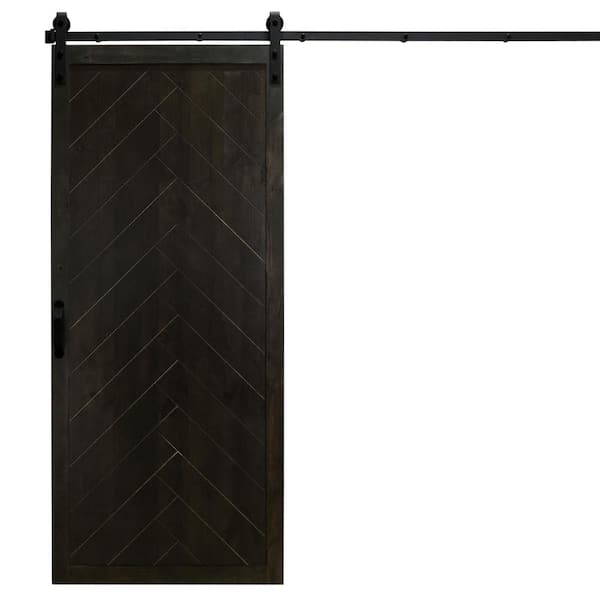 Unbranded 42 in. x 84 in. Herringbone Midnight Black Alder Wood Interior Barn Door Slab with Sliding Door Hardware Kit
