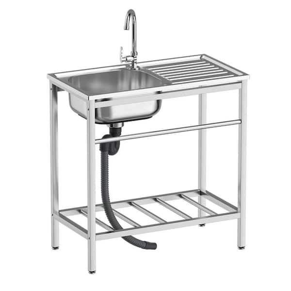 15.7 in. D x 29.5 in. W Freestanding Utility Sink in Silver with Faucet & Workbench, Outdoor Stainless Steel Laundry Tub