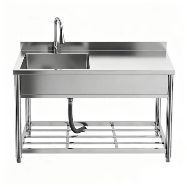 21.7 in. D x 47.2 in. W Freestanding Utility Sink in Silver with Pull-Out Faucet and Workbench for Indoor/Outdoor Use