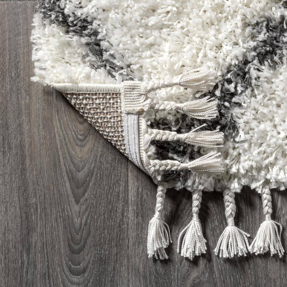 Cream/Grey Moroccan Tribal Geometric Trellis Shag Rug 8' x 10'