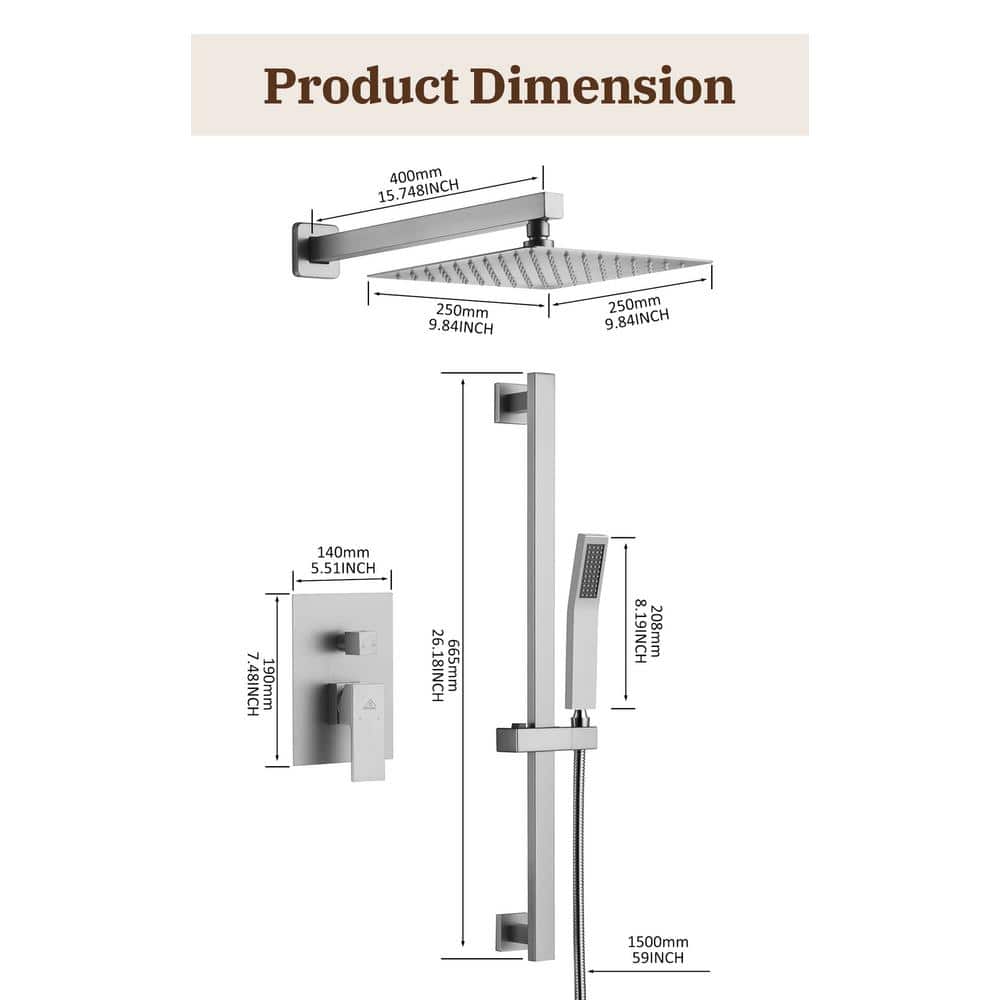 Brushed Nickel Wall-Mounted Square Rain Shower System with Handheld Spray