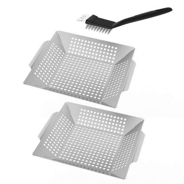 Primehome Heavy Duty 304SS Grill Baskets, Nonstick BBQ Meat Veggies Seafood-Outdoor Grilling Accessories (2-Pack)