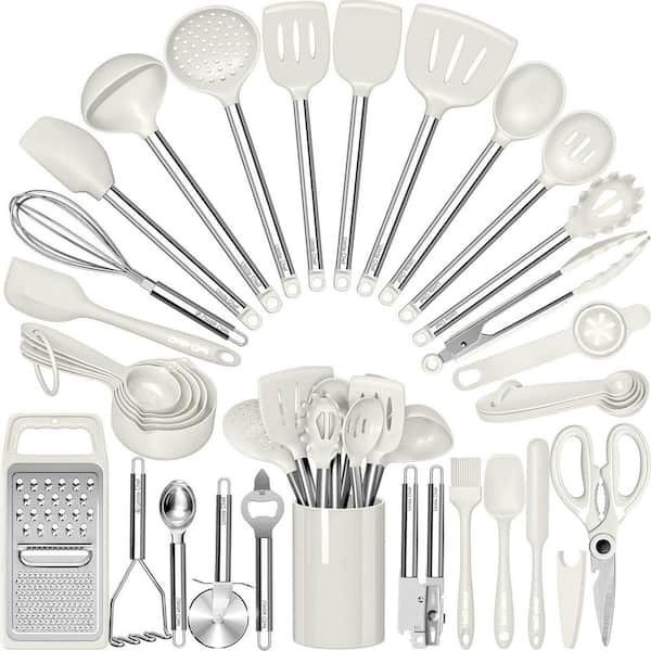 White 34-Piece Silicone Cooking Utensils Set with Stainless Steel Handle for Nonstick Cookware