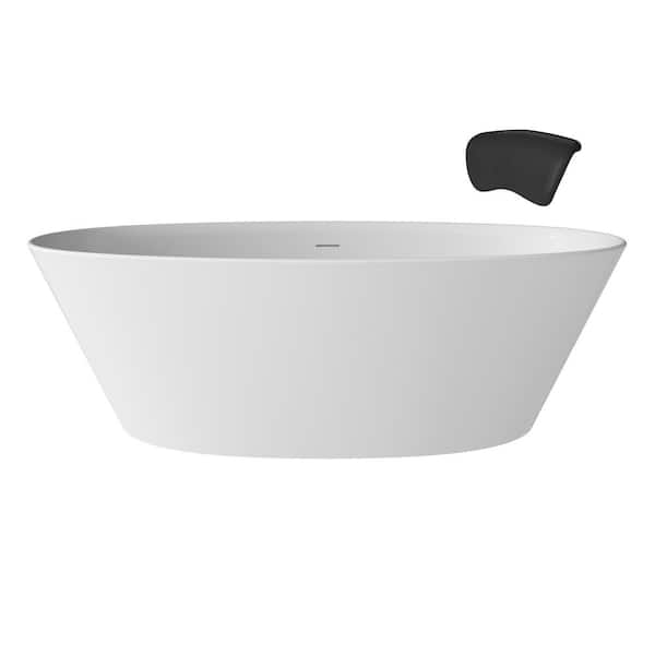 CASAINC 67 in. x 34 in. Solid Surface Stone Free Standing Tub Soaking Bathtub in Matte White with Black Bathtub Pillow