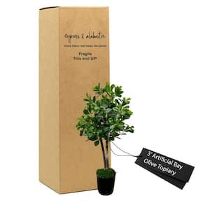 Handmade 3 ft. Artificial Bay Olive Topiary Tree in Home Basics Plastic Pot Made with Real Wood and Moss Accents