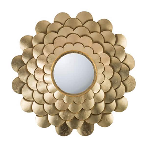 Unbranded Gold 31.50 in. W x 31.50 in. H Round Floral Wood Framed Decorative Wall Mirror for Living Room Entryway