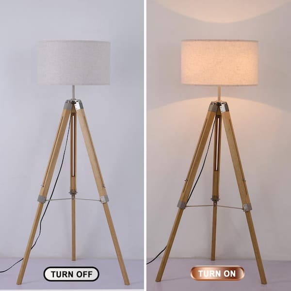 Keazile 58 in. Natural Modern Tripod Floor Lamp with Solid Wood