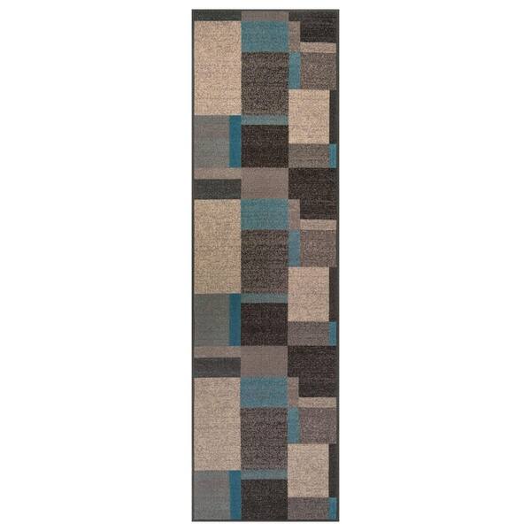 World Rug Gallery Modern Geometric Color Block Ocean Blue Power Loomed Indoor 2 ft. x 12 ft. Runner Rug