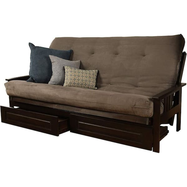 85 in. Espresso/Suede Gray Polyester Upholstered Queen Size Futon Set with Mattress and Storage Drawers
