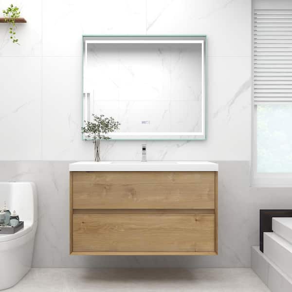Kingdee 42 in. W x 20 in. D x 26 in. H Single Sink Floating Bath Vanity in Teak Oak with White Acrylic Top