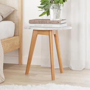 Amalia White Marble Top with Light Brown Solid Wood Accent Table