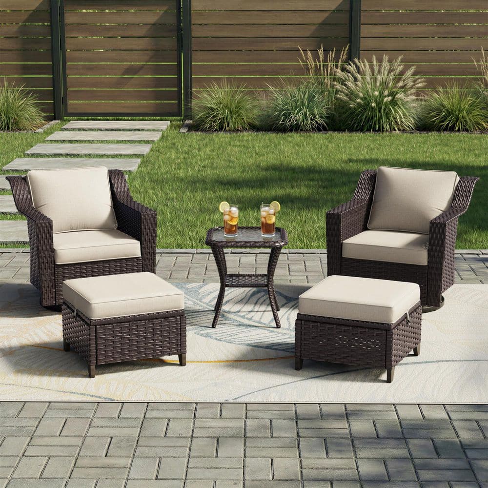 5-Pieces Dark Brown Wicker Outdoor Rocking Chair Patio Conversation Set Swivel Chairs with Beige Cushions price history on PriceWatchPro