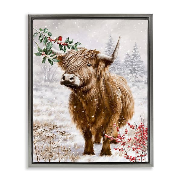 Stupell Industries Cattle with Winter Berries by Ian Saxton 1 Piece Floater Frame Graphic Print Animal Poster Art Print 31 in. x 25 in.