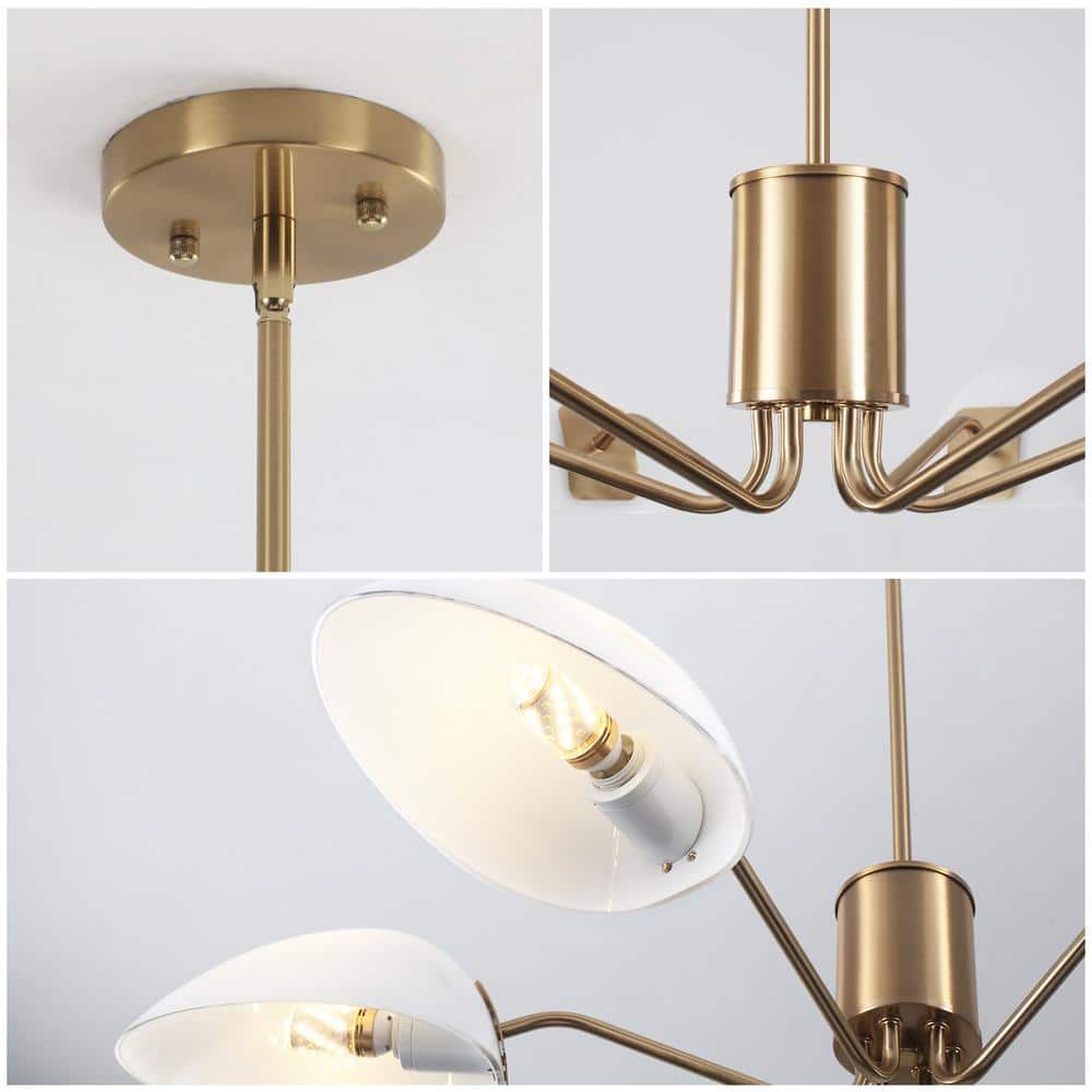 Modern Brass Chandelier with Milk Glass Shades, 6-Light