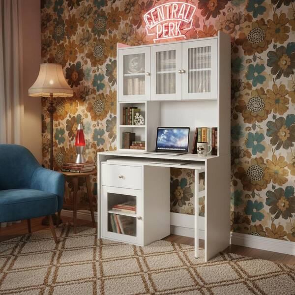 Homy Casa QUKO 39.3 in. Pearl White Writing Desk with Rotating