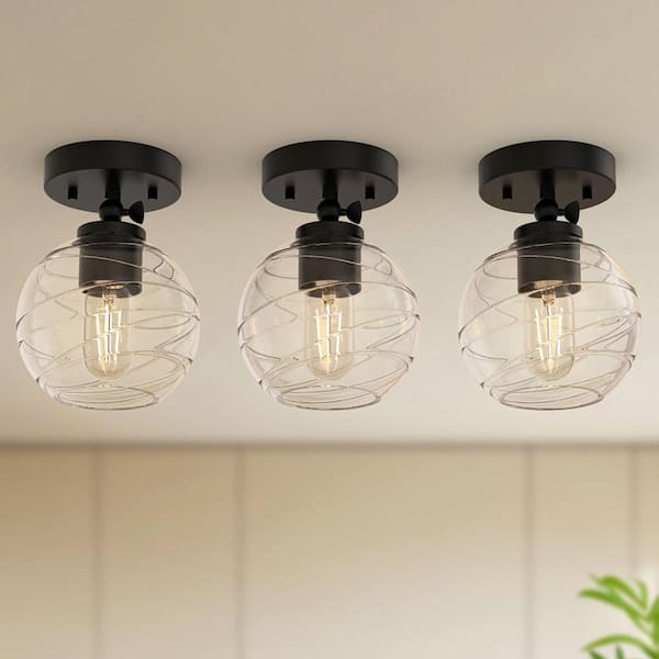 5 in. 1-Light Black Semi-Flush Mount Ceiling Light with Glass Shade, Convertible Pendant Light and Wall Sconce (3-Pack)