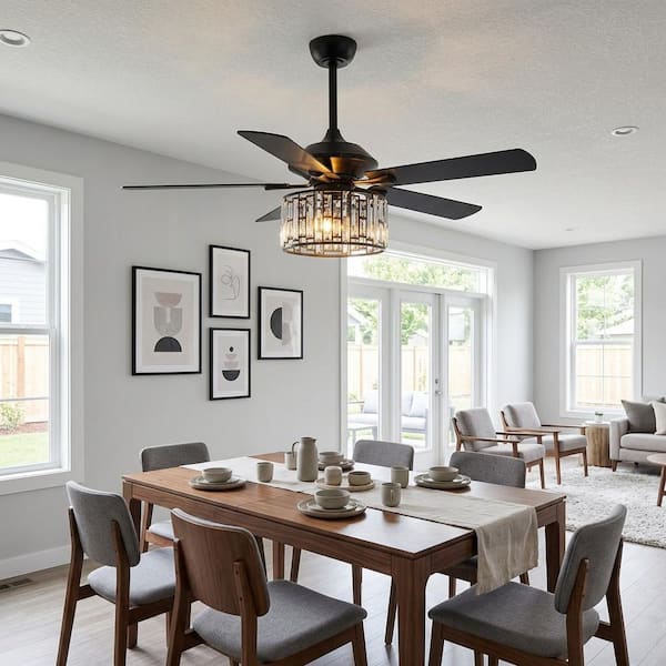 Dicken 52 in. Modern Indoor 5-Blade Downrod Mount Black Crystal Ceiling Fan with Light Kit and Remote Control