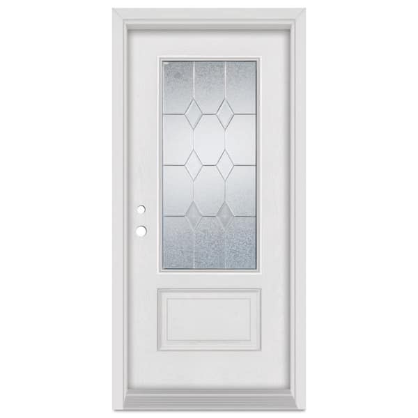 Stanley Doors 32 in. x 80 in. Geometric Right-Hand Zinc Finished Fiberglass Mahogany Woodgrain Prehung Front Door