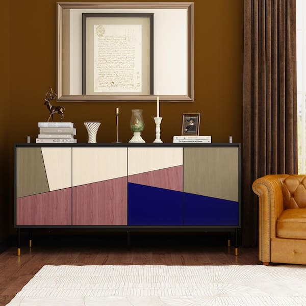 FUFU&GAGA 63 in. L Colorful Rectangle Wood Console Table Cabinet Entry Table Cupboard Hallway Living Room with Adjustable Shelves