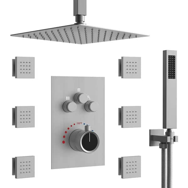 EVERSTEIN Luxury 7-Spray Patterns Thermostatic 12 in. Ceiling Mount ...