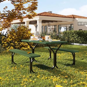 6ft. Green Outdoor Picnic Table and Bench with Umbrella Hole