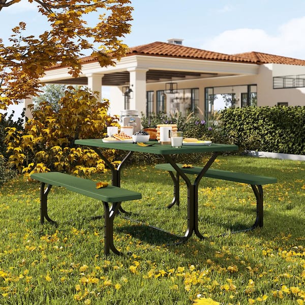 6ft. Green Outdoor Picnic Table and Bench with Umbrella Hole