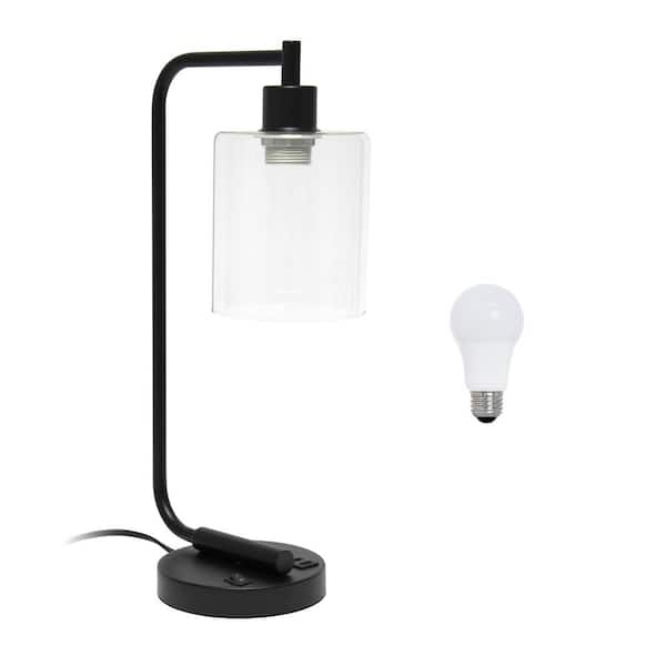 Simple Designs 18.8 in. Black Industrial Antique Style Iron Lantern Desk Lamp with Glass Shade and USB Port, with LED Bulb Included