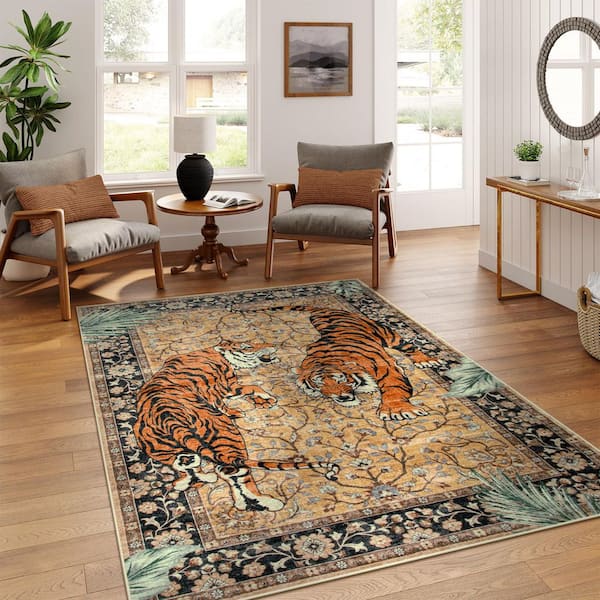 5 ft. x 7 ft. Desert Goldene Vintage Tiger Washable Non Slip Soft Area Rug