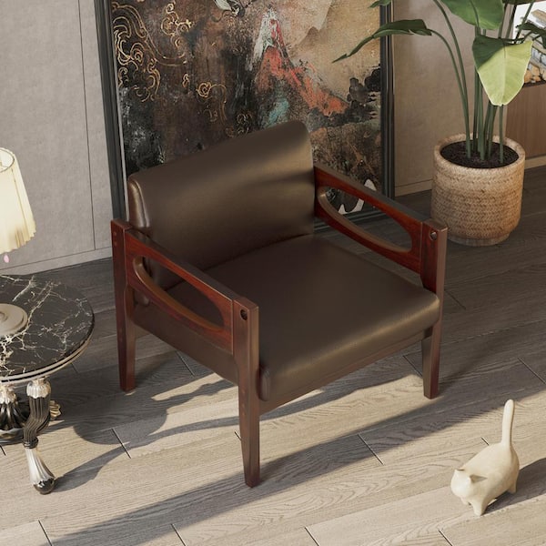 Harper & Bright Designs Mid-Century Modern Espresso PU Leather Upholstered Accent Chair with Rubber Wood Frame, Natural Veining Pattern