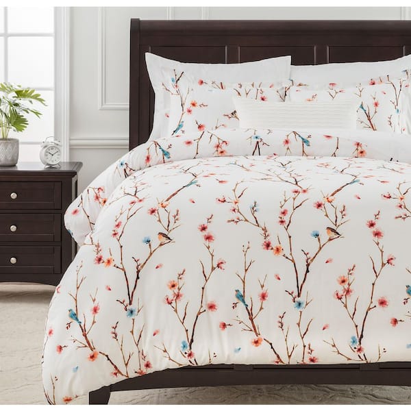 Chanasya Spring Sakura Cherry Blossom Print Microfiber Duvet Cover Set, King Size