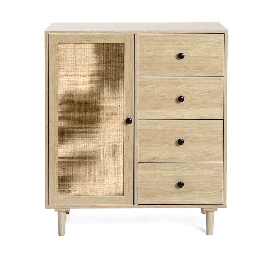White Oak and Rattan 4-Drawer Storage Cabinet