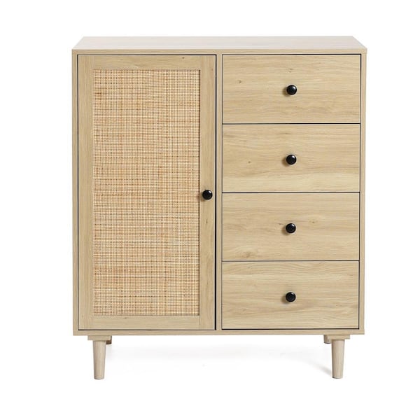 LuxenHome White Oak Finish Wood and Rattan 1-Door 4-Drawer Storage Cabinet