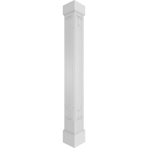 Ekena Millwork 11-5/8 in. x 10 ft. Premium Square Non-Tapered Shaker Fretwork PVC Column Wrap Kit with Mission Capital and Base