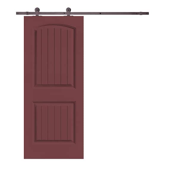 CALHOME Elegant Series 30 in. x 80 in. Maroon Stained Composite MDF 2 Panel Camber Top Sliding Barn Door with Hardware Kit