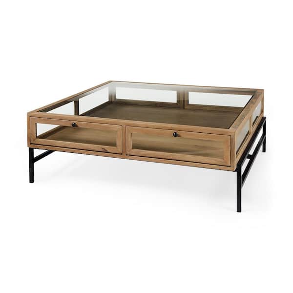 Arelius 42 in. L x 42 in. W x 15 in. H Light Brown with Black Metal Base Square Display Coffee Table