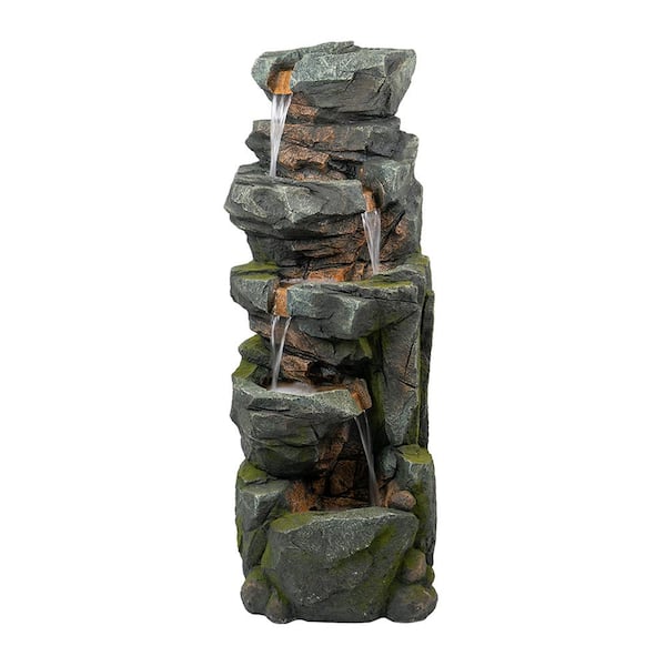 Boosicavelly 52 in. Tall Outdoor 5-Tier Polyresin Fountain, Natural Rock Stone Freestanding Fountain with Light