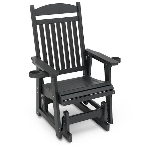 1-Person Poly Lumber Plastic Patio Glider with Cup Holders, High Backrest and Deep Contoured Seat, HIPS Material, Black