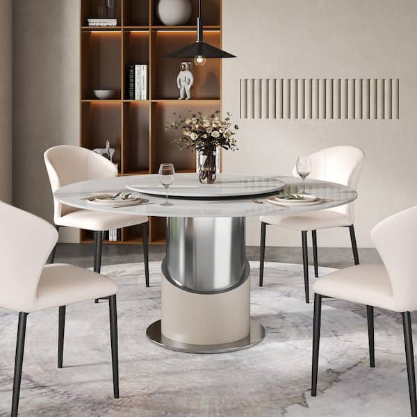 59 in. White Round Rotable Lazy Susan Sintered Stone Tabletop with Chromed Pedestal Dining Table for 6-8 Person