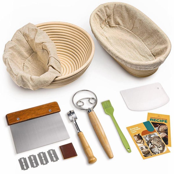 Beige Rattan Bread Banneton Proofing 9 Inch Round and 10 Inch Oval Cane Sourdough Baskets 12-Piece Set for Bread Baking