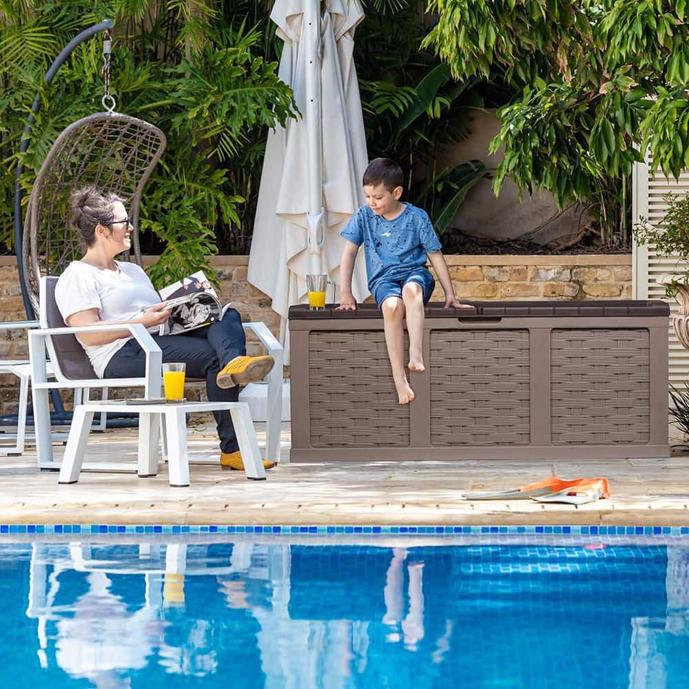 Black Wicker Plastic Lockable Deck Box with Wheels