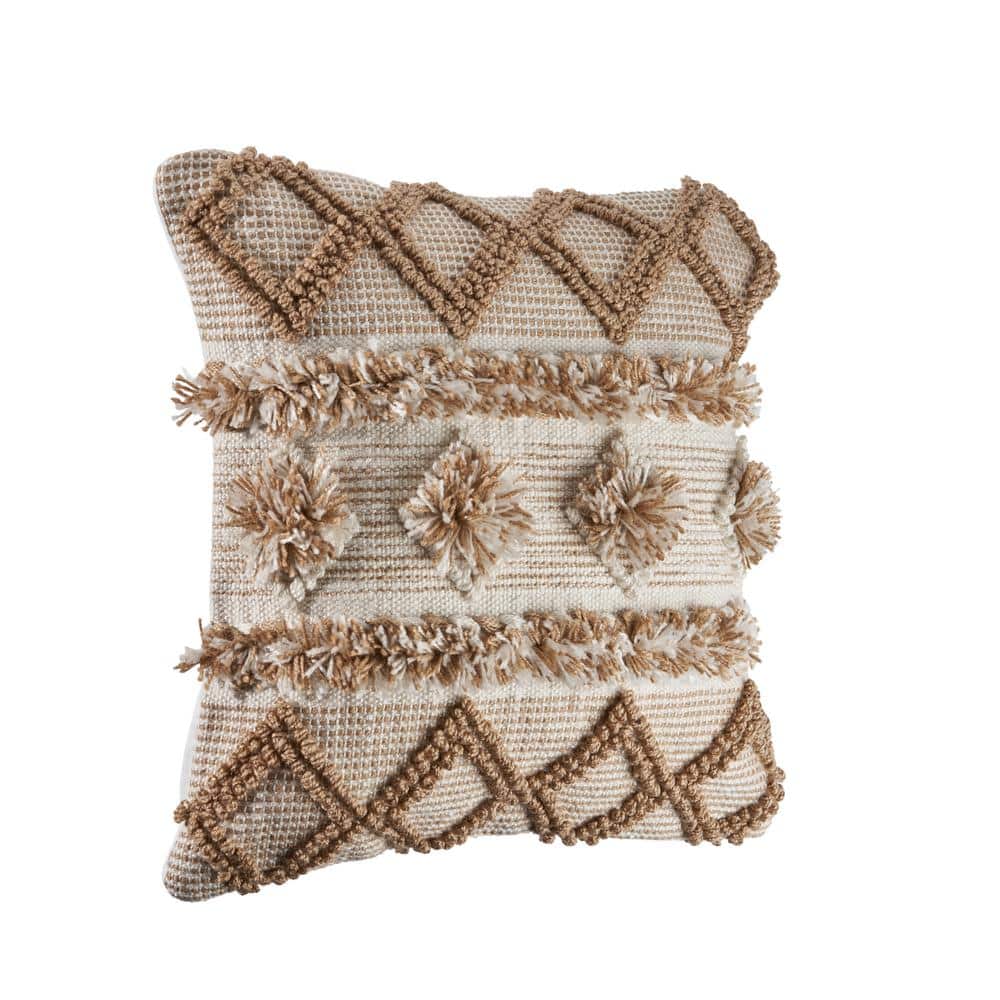 Neutral Beige and Cream Pom Pom Geometric Square Pillow